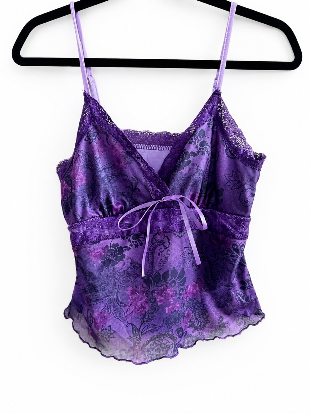Purple Floral Paisley Lace Mesh Lettuce Cami Top Coquette Fairy Grunge Goth M